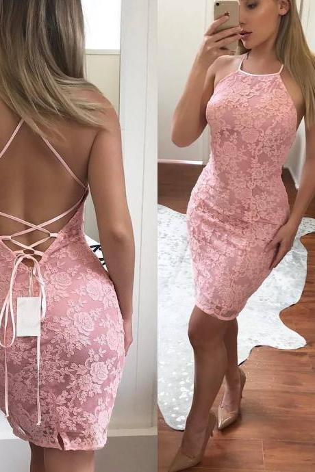 Lace Halter-Neckline Dress with Criss Cross Straps on the Back ,2018 New Arrival Pink Lace Short Prom Dresses, Mini Cocktail Dresses, Girls Party Gowns .Short Graduation Gowns.