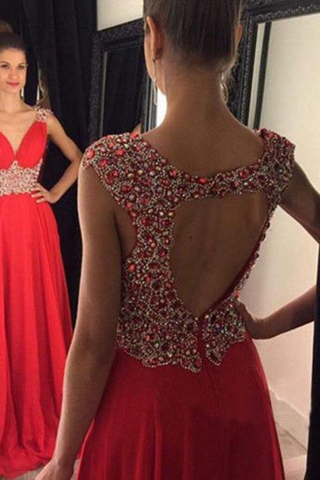 Red Sparkly Crystals Chiffon Open Back Prom Evening Party Dress Celebrity Gown,2018 Sexy Backless Women Party Gowns ,Wedding Girls Gowns ,Sexy Prom Dresses 