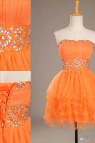 Lovely Crystal Sweetheart Party Dresses Strapless Orange Mini Short Tulle Ccoktail Dresses Party Gown Prom Dress Homecoming Dresses,Short prom Gowns, Wedding Party Giowns .