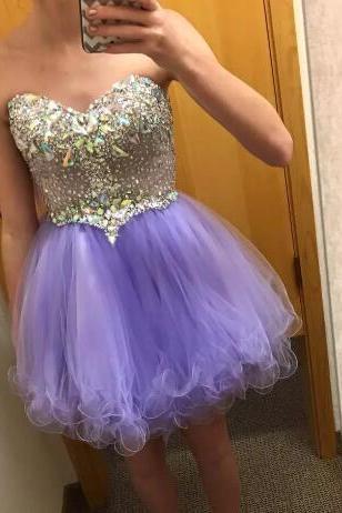 Mini Short Tulle Homecoming Party Dresses Sleeveless Sweetheart Neck Lace Up Back 8th Graduation Dresses,2018 Crystal Lavender Tulle Short Cocktail Dresses,Off Shoulder Women Gowns ,
