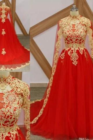Elegant Red High Neck Arabic Long Prom Dresses With Cape Middle East Appliques Beaded Formal Prom Gowns Robe De Bal Evening Dresses,2018 Red Tulle Evening Dresses,Formal Party Gowns .