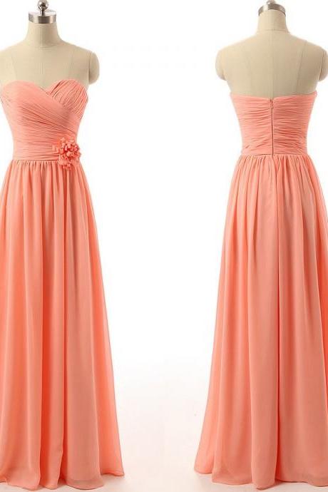 Chiffon Pretty Ruched Sweetheart Floor Length A-line Bridesmaid Dresses Featuring Floral Embellishment, Simple Prom Dresses, Party Gowns,wedding