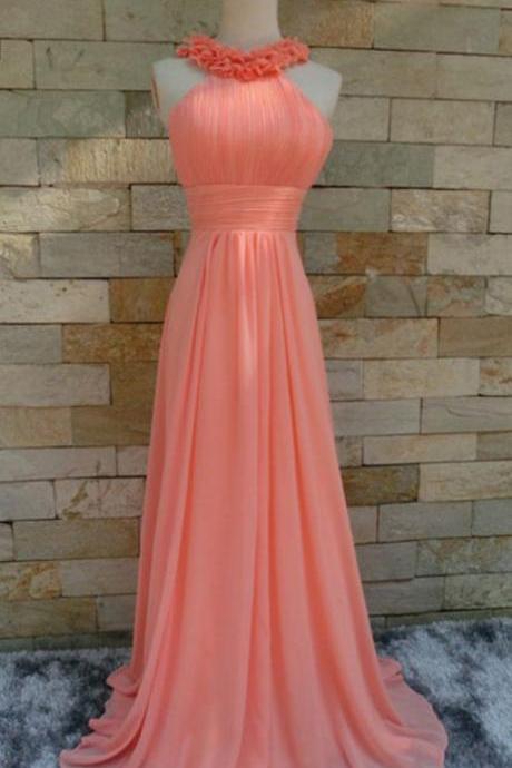 Coral Chiffon Halter Floral Long Bridesmaid Dresses, Lovely Prom Dresses 2018, Party Dresses,plus Size Wedding Guest Gowns ,wedding Party Gowns