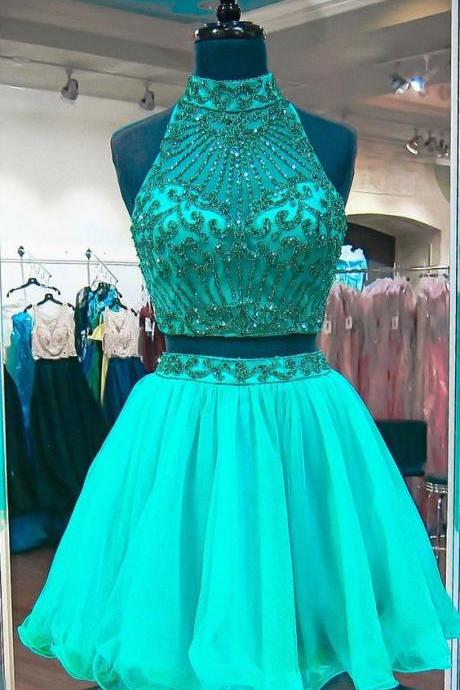 Emerald Green Two Piece Homecoming Dresses Beadings Stylish Short Tulle Prom Party Gowns 2018 2 Pieces Short Cocktail Dress,Mini Wedding Party Gowns 