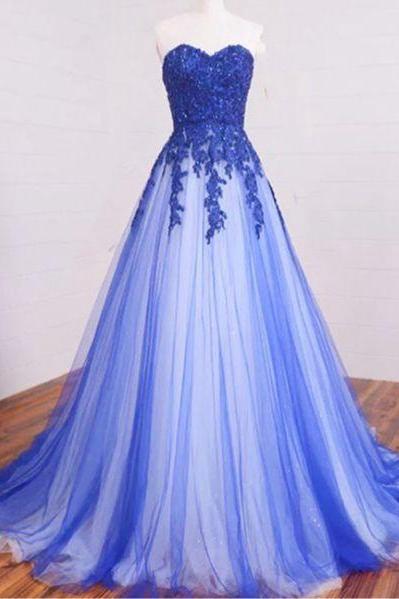 Prom Dresses,evening Dress, Prom Dress,pretty Blue+white Tulle Long Prom Dress,sweetheart A-line Lace Long Prom Gowns,evening Dresses,lace
