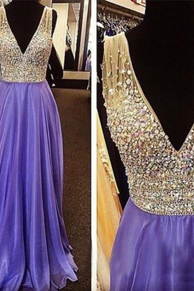 Evening Dress,purple Prom Dress,v Neck Prom Dress,charming Prom Dress,long Prom Dress,,2018 Plus Size Beaded Chiffon Evening Dress, Sexy Lavender
