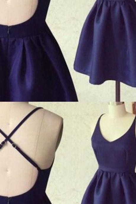 A-Line Deep V-Neck Criss-Cross Straps Navy Blue Satin Homecoming Dress,2018 Sexy Backless Mini Prom Dresses, Wedding Party Gowns ,Custom Made Short Graduation Gowns 