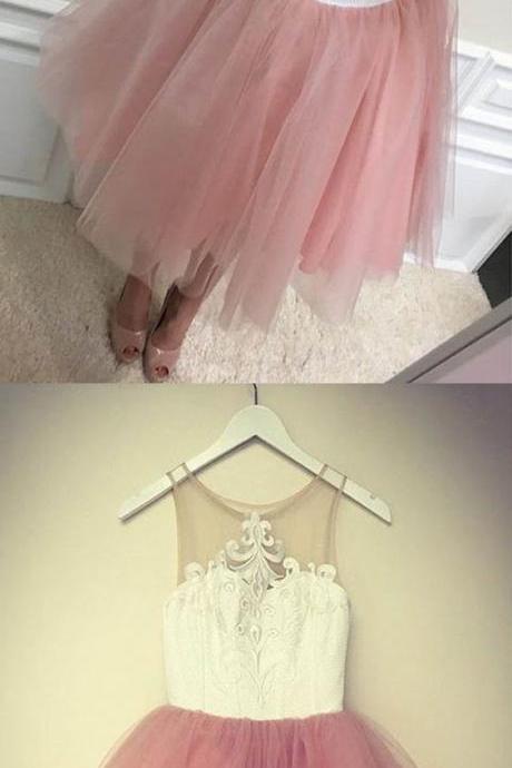 A-Line Jewel Sleeveless Short Prom Dress with White Lace ,Custom Made Lace Mini Cocktail Gowns ,Little Girls Party Gowns .2018 Short Graduation Gowns .