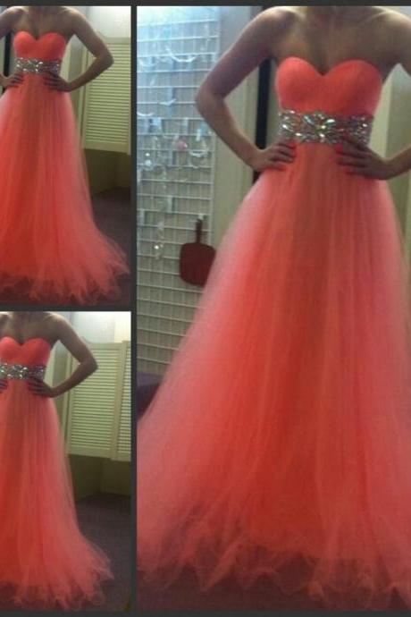 Orange Prom Dress Shiny Crystal Waist Prom Dress Sweetheart Floor Length Long Prom Dress Tulle Prom Dress Free Custom Made Prom Dress,2018 Sexy Beaded Wedding Guest Gowns ,Formal Evening Gowns .