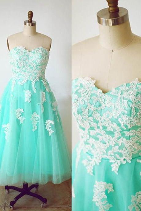 Charming Prom Dress Sweetheart Prom Dress A-Line Prom Dress Appliques Prom Dress Tulle Prom Dress,2018 Green Tulle Short Homecoming Gowns ,A Line Women Party Gowns .