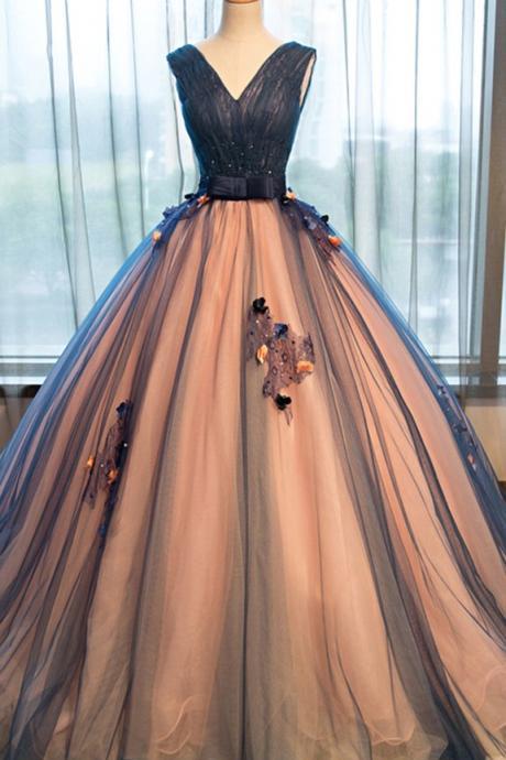 Pretty tulle prom dress,v-neck applique prom dress,A-line long evening dresses ,ball gown dress,2018 Ball Gowns Wedding Prom Dresses, Formal Evening Gowns .