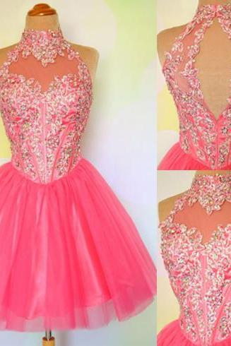Pink homecoming dress, open back homecoming dress, fantastic homecoming dress, princess prom dress, charming homecoming dress, ,Halter Beaded Party Gowns .