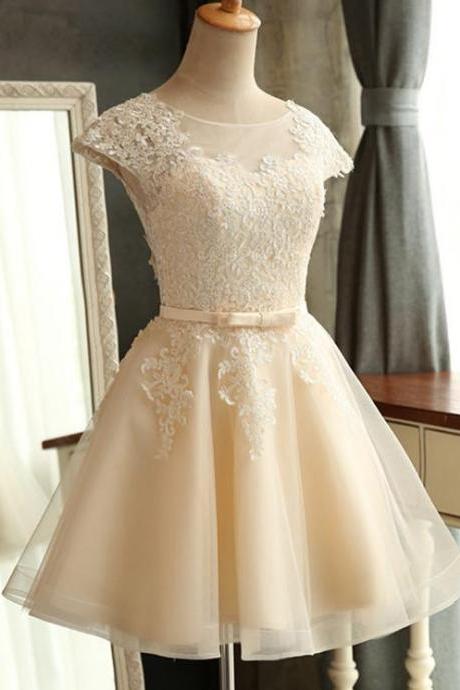 Champagne homecoming dress, cheap homecoming dress, lace homecoming dress, short homecoming dress, cap sleeve prom dress, homecoming dress,,Short Prom Dresses,Girls Gowns Short 