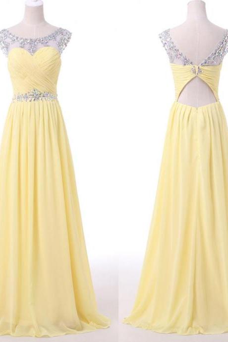 Yellow Beaded Prom Dress, Floor Length Open Back Cap Sleeve Long Prom Dresses,yellow Chiffon Ruffle Long Prom Dresses, Formal Evening
