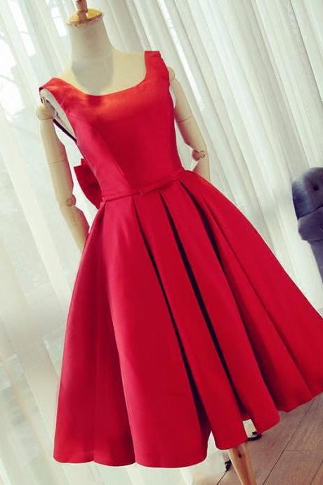 Red Satin Bow Back Party Dresses,Short Homecoming Dresses,Ball Gowns Prom Dress，2018 New Arrival Girls Dresses,.Bow Back Mini Cocktail Dresses, Wedding Party Dresses 