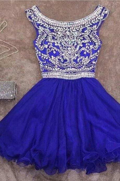 royal blue homecoming dress,crystal beaded homecoming dress,short prom dress,semi formal dress,New Arrival Crystal Short Homecoming Dresses, Mini Prom Gowns ,Girls Party Gowns .