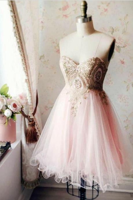 pink homecoming dress,sweetheart homecoming dress,short prom dress,lace applique cocktail dress,New Arrival Mini Girls Dress, Short Cocktail Dress,Wedding Party Gowns .