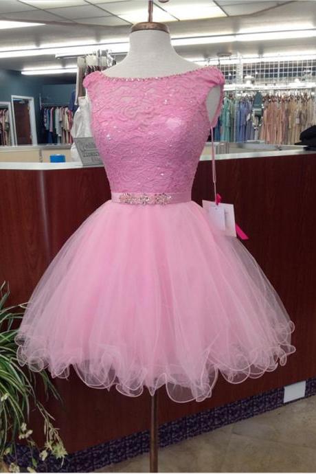 pink homecoming dress,tulle prom short dress,elegant lace appliques cocktail dress,New Arrival Pink Tulle Short Homecoming Dresses,Knee-Length Party Gowns ,Wedding Guest Gowns .