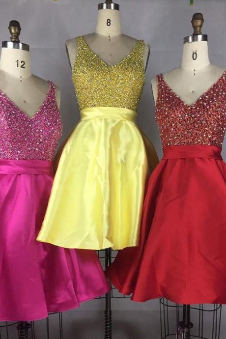 V Neck Homecoming Dresses,Short Satin Prom Dresses,Sparkly Cocktail Dresses,Sexy Beaded Short Cocktail Dresses, Yellow Beaded Short Graduation Gowns ,Plus Size Girls Gowns .