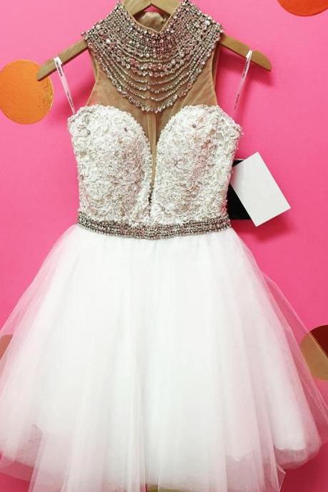 white homecoming dress,short prom dress 2017,halter homecoming dress,tulle dress,beaded gowns,short cocktail dresses, Beaded Party Gowns ,Short Cocktail Gowns ,Party Gowns .
