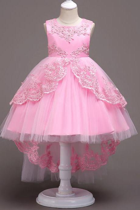Pink Lace Flower Girls Dresses High Low Party Girls Gowns ,2018 Little Girls Pageant Gowns ,wedding Kids Gowns , Girls Pageant Gowns ,tull