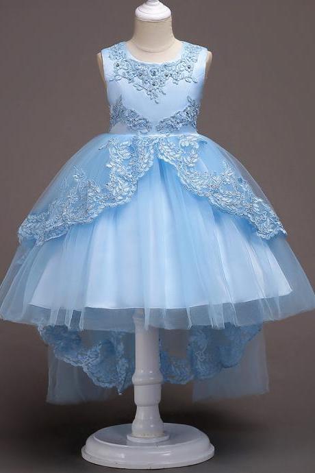 White Lace Flower Girls Dresses High Low Party Girls Gowns ,sky Blue Gowns .2018 Little Girls Pageant Gowns ,wedding Kids Gowns , Girls Pageant