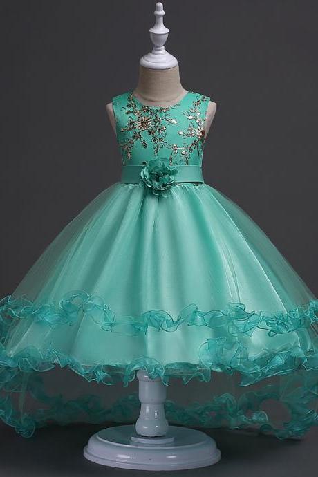 2018 High Low Flower Girls Dresses,gold Lace Wedding Flower Gowns, Green Tulle Kids Gowns ,little Girls Pageant Gowns ,bridal Children Gowns
