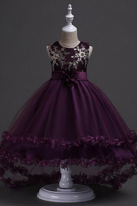 2018 High Low Flower Girls Dresses,gold Lace Wedding Flower Gowns, Purple Tulle Kids Gowns ,little Girls Pageant Gowns ,bridal Children Gowns