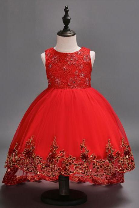 Little Girl Party Holy Communion Dresses Pageant Gowns Kids, Red Bow lLittle Gowns ,Red High Low Flower Girls Dresses, Red Lace Formal Girls Gowns ,Sweep Train Kids Gowns ,Wedding Flower Gowns .