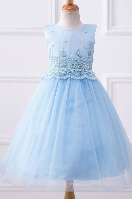 Sky Blue Flower Girls Dresses, Lace Wedding Flower Gowns , A Line Wedding Kids Gowns , First Common Dresses, Pricess Pageant Gowns ,little Girls