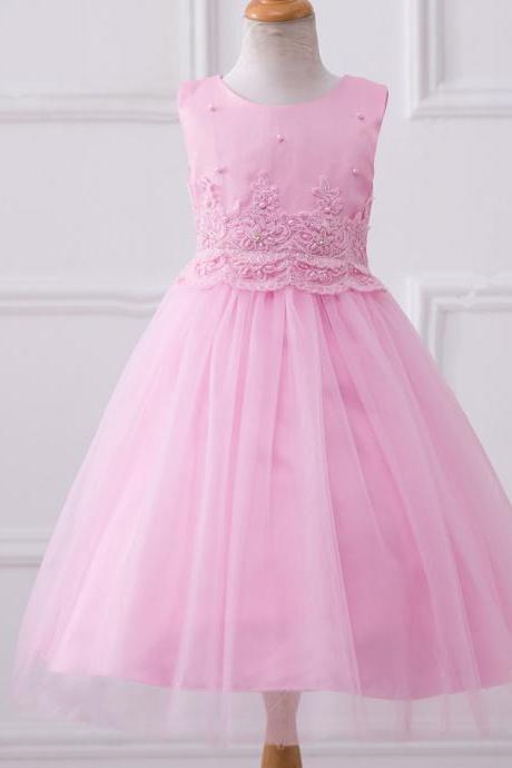 Pink Flower Girls Dresses, Lace Wedding Flower Gowns , A Line Wedding Kids Gowns , First Common Dresses, Pricess Pageant Gowns ,little Girls