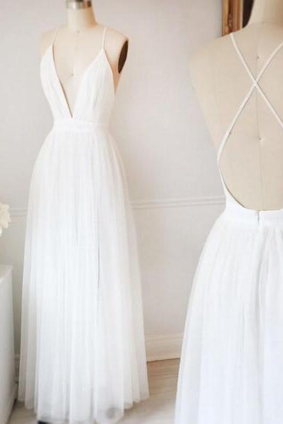 Sexy Full Length V Neck Chiffon Prom Dress , Evening Dress , Party Dress ,2018 White Long Prom Gowns ,wedding Party Gowns , Sexy Backless Party