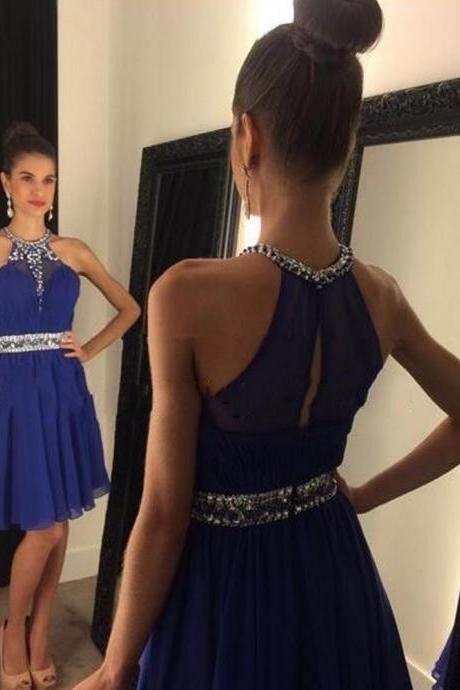 Royal Blue Chiffon Short Cocktail Dresses, Short prom Dresses, Beaded Party Gowns , O Neck Mini Prom Gowns ,Short Graduation Gowns , Chiffon Women Party Gowns , Knee Lenght Graduation Gowns .