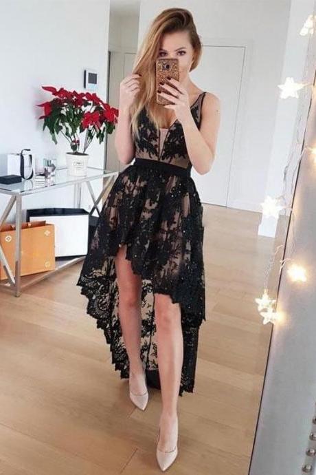 Black V Neck Lace High Low Prom Dress, Black Lace Evening Dress, Sexy Short Cocktail ,girls Pageant Gowns , 2018 Plus Size Girls Party Gowns ,