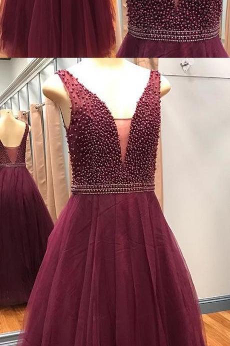 Sexy Pearls Long Prom Dresses,burgundy Tulle Prom Dresses ,v-neck Evening Dresses,,wedding Party Gowns ,floor Length Evening Dress, Women Pageant