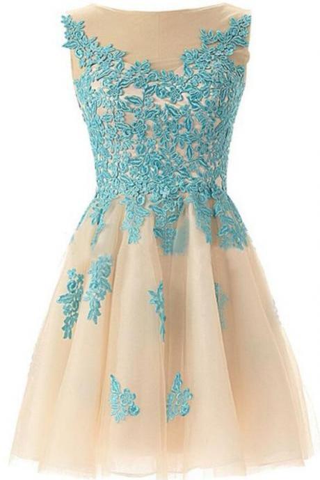 Short Homecoming Dress, Lace Homecoming Dress,Cheap Homecoming Dress,Tulle Prom Gown, Appliques Lace Prom Dress,Blue Lace Short Cocktail Dresses