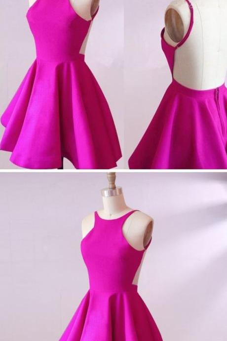 Simple homecoming dresses, cute backless party dresses, cheap short prom gowns,Fuchsia Satin Short Cocktail Gowns .Women Girls Gowns , Cocktail Gowns Short 