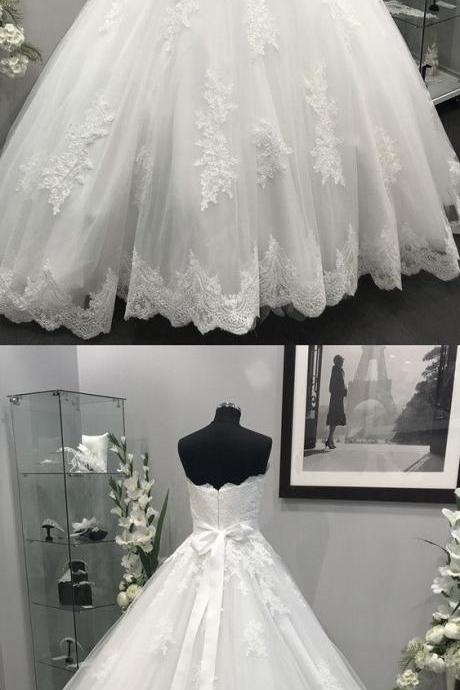 Lace Appliques Crystal Beaded Sashes Tulle Wedding Dresses Ball Gowns, Pricess White Lace Country Wedding Dresses, Women Wedding Gowns