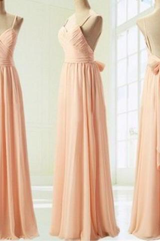 Light Pink Straps Simple Prom Dress With Bow, Simple Prom Dresses ,Formal Dresses Evening Dresses, Long Prom Desses , New Arrival Ruffle Girls Gowns .