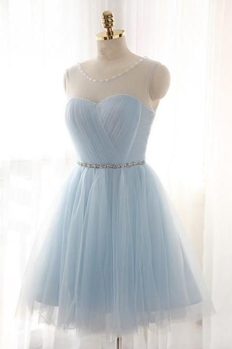 Light Blue Homecoming Dresses With Crystals ,short Homecoming Gowns ,blue Party Gowns ,sheer Scoop Mini Prom Gowns , Short Bridesmaid Gowns , A