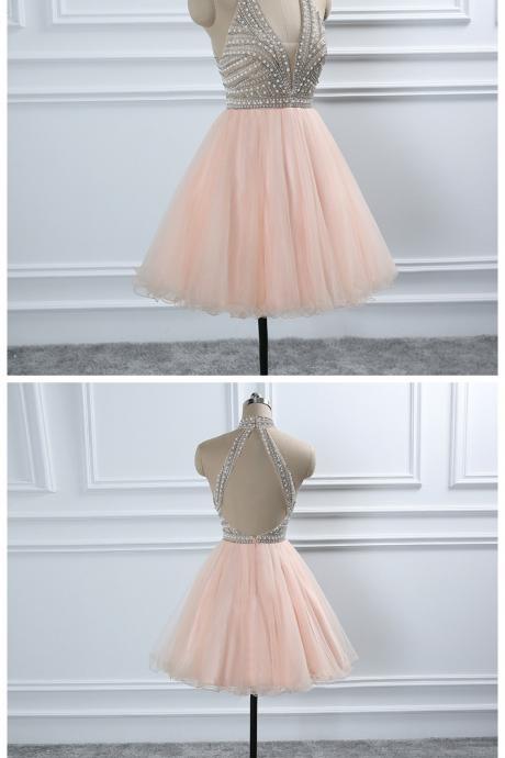 Crystal Beading Homecoming Dresses European Sweet Formal Prom Party Graduation Dress Gowns For Weddings, High Neck Short Prom Dresses,Girls Party Gowns .