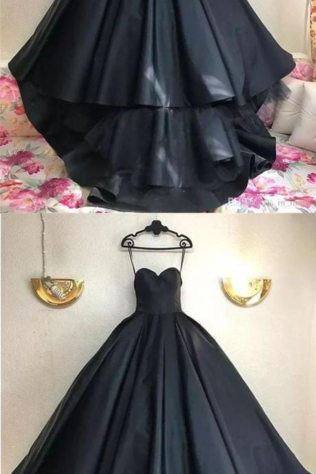 Black Prom Dresses Ball Gown Sweetheart Sweep Train Sexy Prom Dress Long Evening Dress,Black Satin Pricess Prom Dresses, Custom Made Party Gowns .