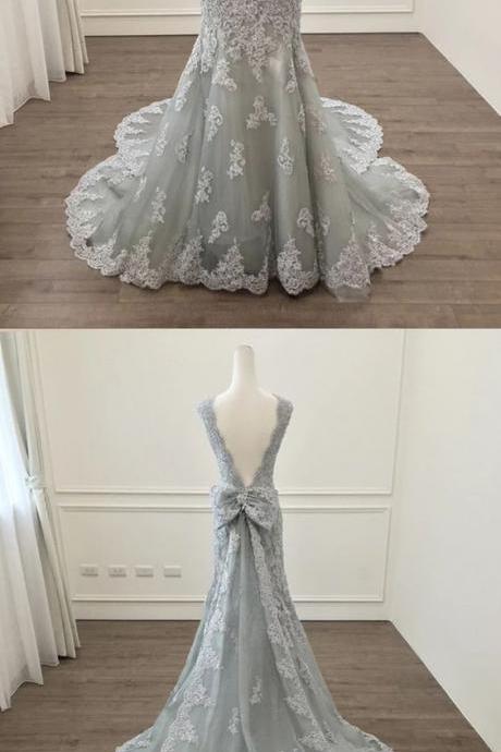 Elegant Silver Lace Bow Back Mermaid Evening Gown Dresses,2018 Off Shoulder Long Prom Dresses, Wedding Party Gowns ,formal Gowns ,mermaid Prom