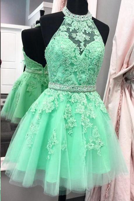  Green halter homecoming dress,tulle homecoming dress,short prom dresses 2018,lace homecoming dress,elegant party dress, Girls Party Gowns , Wedding Evening Gowns .