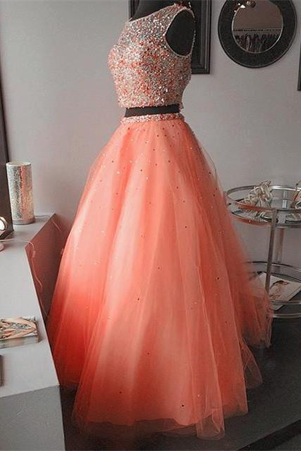  Orange Beaded Prom Dress,New Arrival Prom Dresses,Modest Prom Dress,two piece ball gowns quinceanera dresses with crystal beaded and sequins,Shiny Evening Dress ,Formal Gowns ,