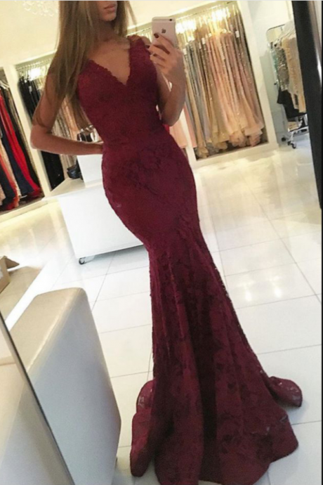 Mermaid Prom Dresses,lace Prom Dresses,burgundy Prom Dresses,v-neck Prom Dresses,long Evening Dresses,sexy Party Dresses,formal Gowns ,girls
