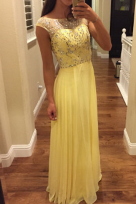 Luxury Beaded Sexy Prom Dress,sleeveless Yellow Beaded Prom Dresses,long Evening Dress,formal Dress, Scoop Ruffle Long Prom Gowns ,wedding Party