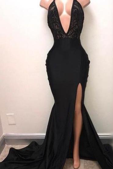New Arrival Black Halter Women Prom Dresses, Sweep Train Fornal Prom Gowns ,Off Shoulder Wedding Party Gowns ,Formal Evening Dress , Side Slit Evening Gowns .
