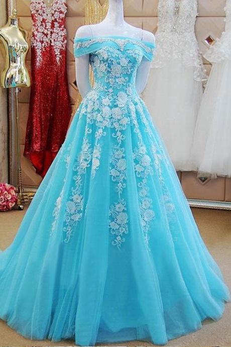 Elegant Ice Blue Long Prom Dresses 2019 Plus Size Lace Evening Dresses, A Line Girls Party Gowns , Wedding Party Gowns ,formal Women Gowns .sexy