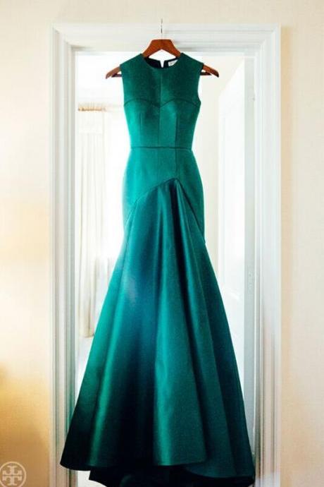 Green Satin Mermaid Prom Dresses, O-neck Long Evening Dress , Wedding Party Gowns , Off Shoulder Prom Gowns ,formal Gowns , Custom Made Party